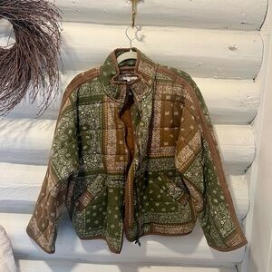 Free People Printed Dolman Quilted Knit Jacket Bandana Army Green